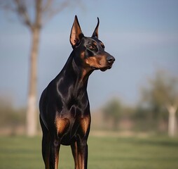 Doberman watching the sorroundings at the park