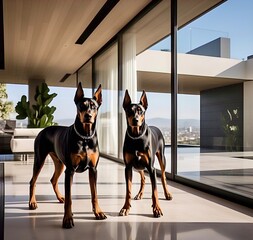 Doberman couple in a modern mansion