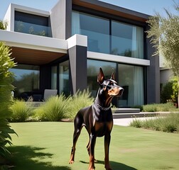 Doberman guarding stance in a modern mansion 