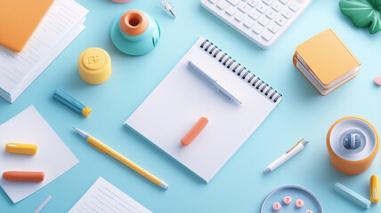 vibrant flat lay of stationery and office supplies