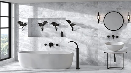 Modern bathroom with tub and sink. View of trees through the window. Interior design inspiration