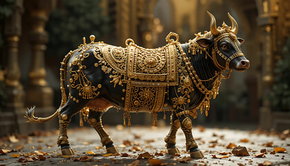 Ornate golden cow statue with intricate details standing on a stone surface with fallen leaves