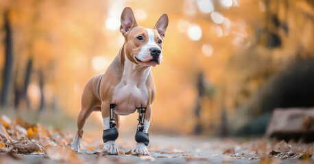 Dog with two front leg prosthetics standing confidently on autumn forest path, symbolizing resilience, animal rehabilitation, and inspiring strength through adversity.