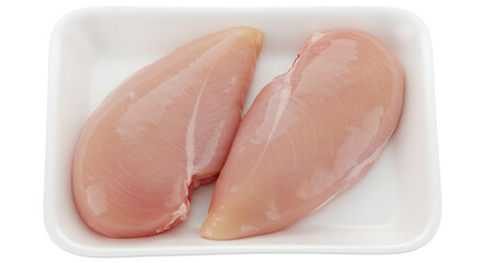 Fresh Chicken Breasts on a Tray: Two raw, skinless chicken breasts are neatly presented in a clean, pristine tray, ready for culinary creations. Focus on the food's freshness.