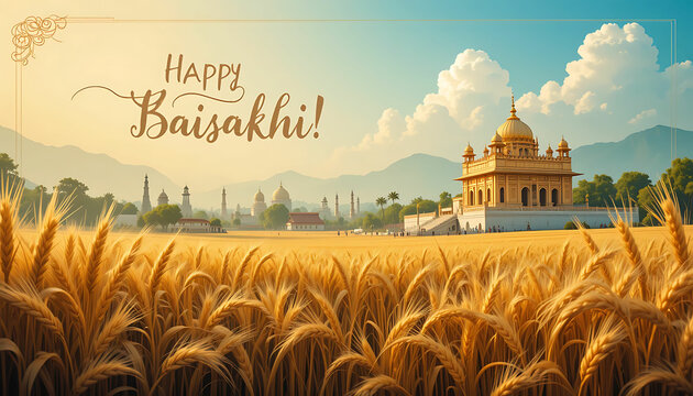 Golden temple and wheat field landscape with happy baisakhi greeting in the sky above the field