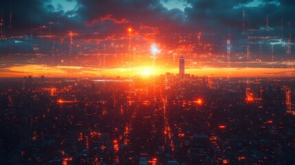 Glowing city at sunset. Digital matrix overlaying the skyline, creates a futuristic look