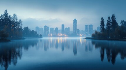 Fototapeta premium Cityscape Reflection: Serene Dawn over Urban Lake