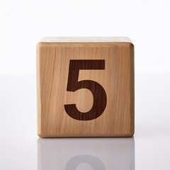 Minimalist photo of a wooden block with the number 5  against a white background