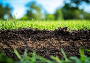 Close-up view of soil and grass.  Healthy, fertile earth supports vibrant green grass