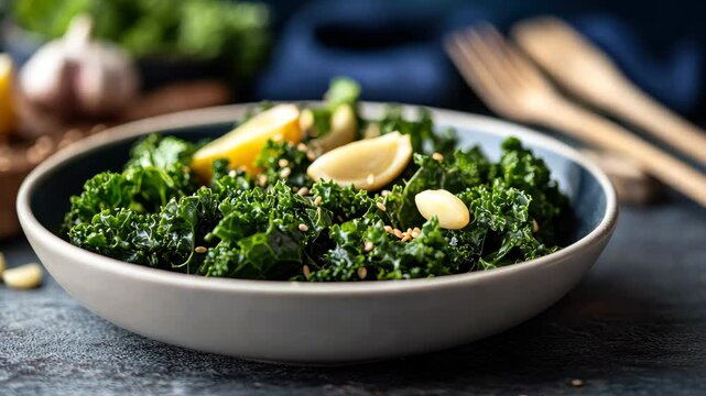 Fresh kale salad preparation with nuts and garlic in elegant dining setting