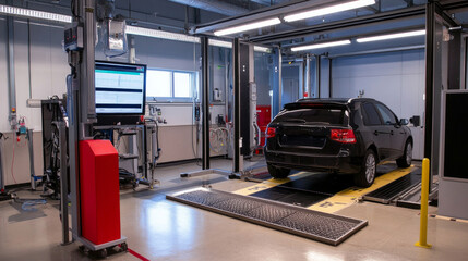 The interior of a modern emissions testing facility features a vehicle undergoing emissions checks, accompanied by sophisticated digital monitoring equipment and machinery.