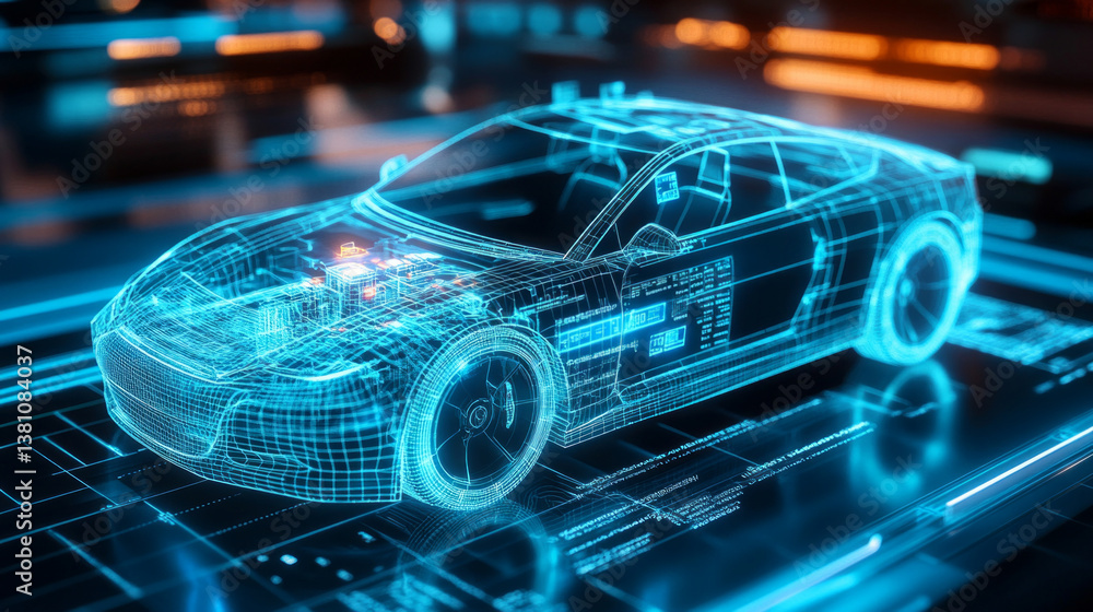 Poster a wide-angle view showcases a holographic interface projecting a detailed 3d model of a car. surroun