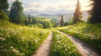 Mountain road daisies sunrise idyllic landscape travel