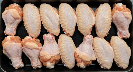 Raw Chicken Wings in Tray: A close-up, overhead shot showcases a tray meticulously arranged with fresh, raw chicken wings, offering a visual feast for culinary enthusiasts.
