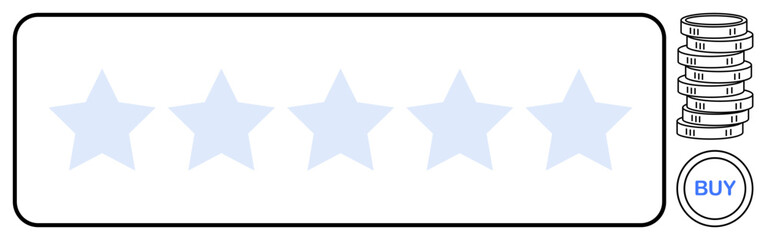 Five stars with a buy button and stacked coins evoke product ratings, customer trust, e-commerce, and financial transactions. Ideal for e-commerce, reviews, feedback, trust, shopping value sales