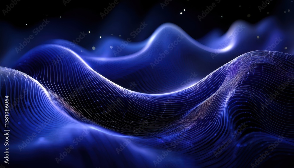 Poster futuristic glowing blue wave landscape with abstract curved lines and depth effect for technology and digital design


