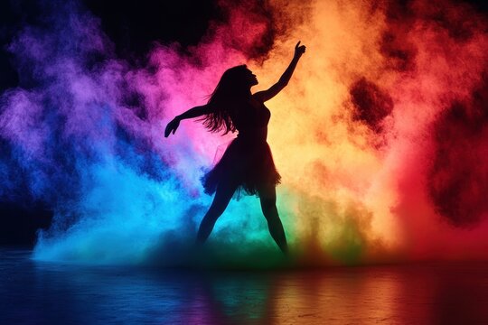 Beautiful young woman dancing in colorful powder cloud on black background Colorful explosion of color powder with a silhouette of a dancing woman .
