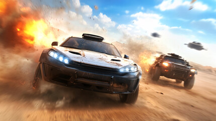 Naklejka premium high speed chase unfolds in desert landscape, featuring rugged vehicles kicking up dust and debris. Explosions add intensity to scene, creating thrilling and dynamic atmosphere