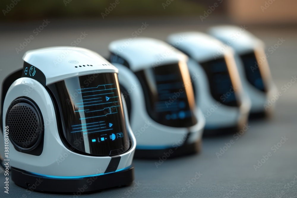 Poster modern futuristic helmets lined up ready for use in advanced technology setting