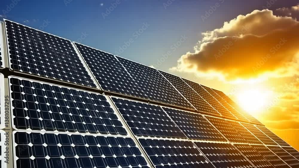 Poster stunning sunset background highlights solar panel array generative ai