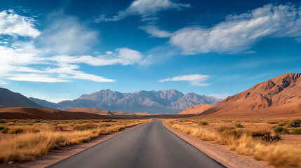 long, empty road stretches through vast desert landscape, leading towards distant mountains under bright blue sky with scattered clouds. scene evokes sense of adventure and solitude