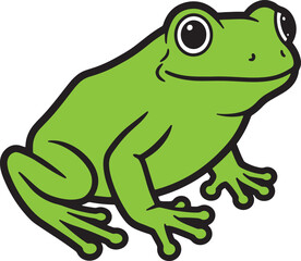Fototapeta premium Green cartoon frog sitting happily on a white background 
