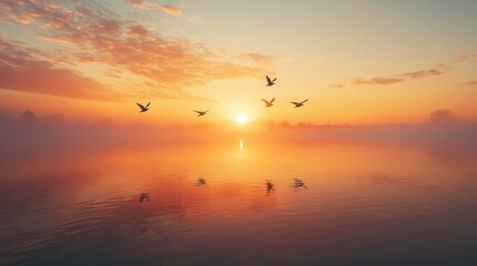 Serene Sunrise: Birds in Flight Over Misty Lake