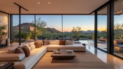 Modern, expansive living area with panoramic mountain views