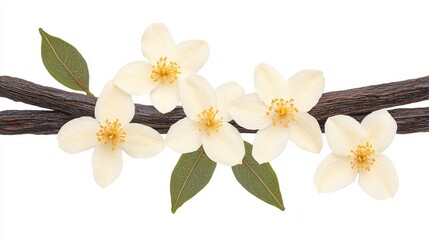 Obraz premium A delicate arrangement of cream-colored flowers with green leaves on a dark branch, showcasing natural beauty and elegance.