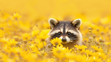 Obraz premium Cute Raccoon in Yellow Flowers, Adorable raccoon surrounded by vibrant yellow blossoms.