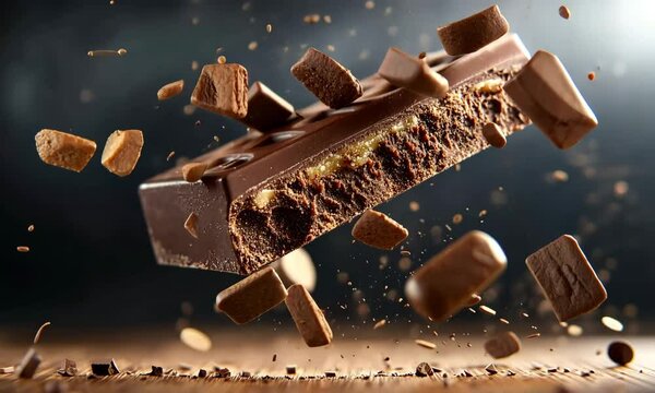 Close-up of a broken chocolate bar with visible caramel and crispy layers, surrounded by flying chocolate chunks in a dramatic, dark background.
