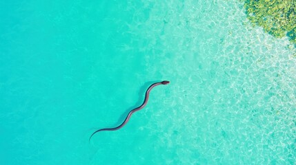 Snake Swimming in Turquoise Water, Aerial view of a snake swimming in clear turquoise water.