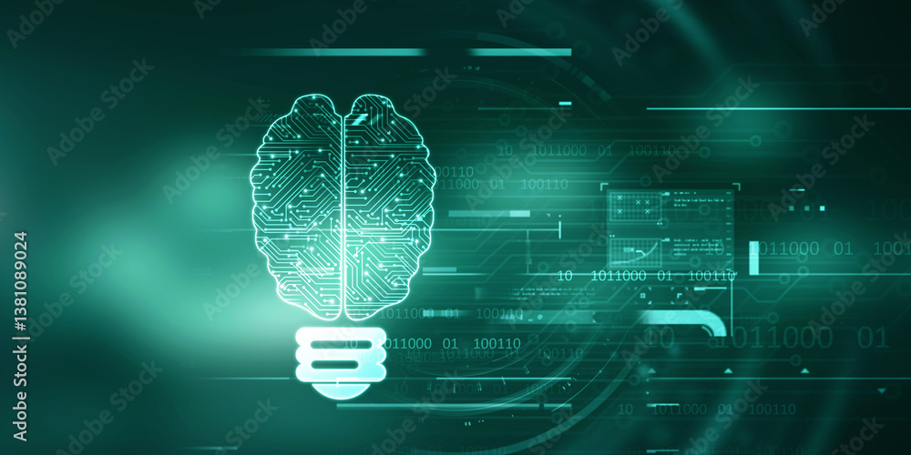 Poster 2d illustration concept of thinking, background with brain, abstract artificial intelligence. techno