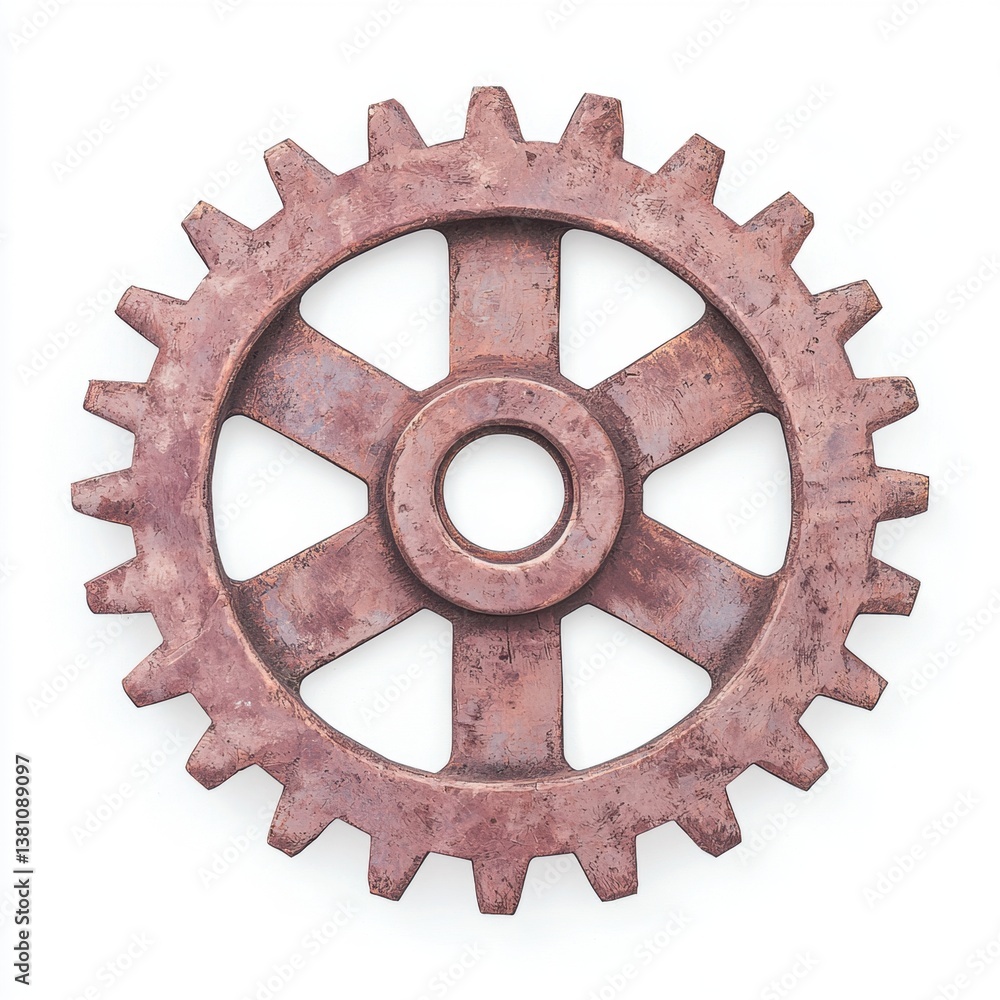 Poster a rusty gear wheel, symbolizing machinery and industrial design, with a circular shape and multiple 