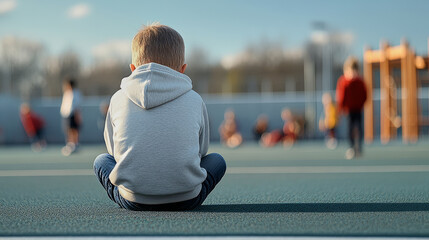 Sad lonely child sitting alone and excluded in schoolyard while other children play