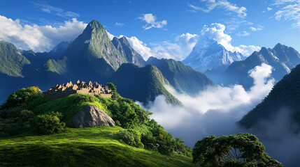 mystical view of Machu Picchu in alternate universe, floating amidst lush green mountains and clouds under bright blue sky, evokes sense of wonder and tranquility