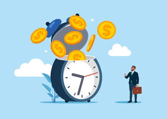 Open clock to see Golden Coins. Value of money increases over time. Savings, Collecting Money in Account, Open Bank Deposit. World economic vision for business, technology,  investment. 