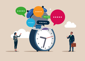 Businessman opening a alarm to see speech bubbles. Discussion, conversation, meeting, team communication. Value increases over time. Modern vector illustration in flat style.