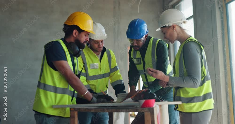 Poster engineering, building and blueprints with people on construction site for teamwork, architecture and