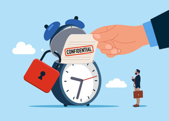 Open clock to see confidential document. Locked with padlock technology. Value increases over time. Modern flat vector illustration