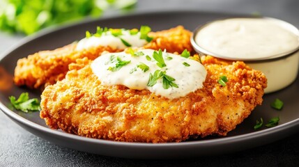 Crispy Fried Fish with Creamy Sauce, Delicious fried fish fillets with creamy sauce.