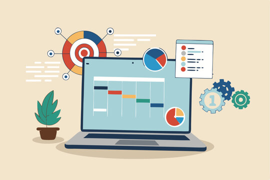 Project management, planning for software development, resources and budget planning, project schedule diagram, Gantt chart for work deadline concept, computer laptop with project management software.