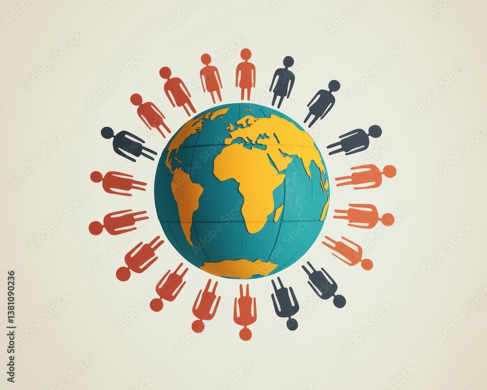Poster a stylized globe surrounded by colorful human figures represents global unity and diversity in a sim