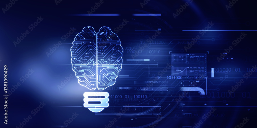 Poster 2d illustration concept of thinking, background with brain, abstract artificial intelligence. techno