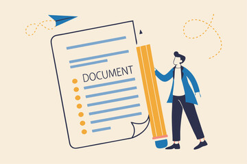 Write note or message on notebook paper, writing document, memo or lecture, record information, diary or article concept, business man holding pencil writing message on notebook paper.