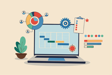 Project management, planning for software development, resources and budget planning, project schedule diagram, Gantt chart for work deadline concept, computer laptop with project management software.
