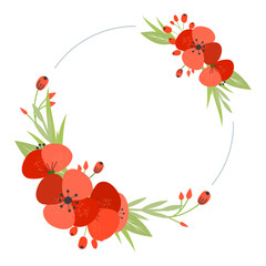 Round frame with red poppies with leaves and grass for banners and invitation cards. Vector illustration.