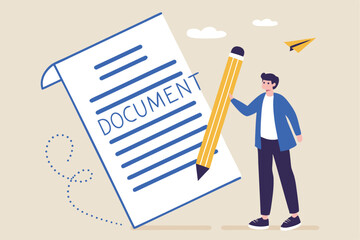 Write note or message on notebook paper, writing document, memo or lecture, record information, diary or article concept, business man holding pencil writing message on notebook paper.