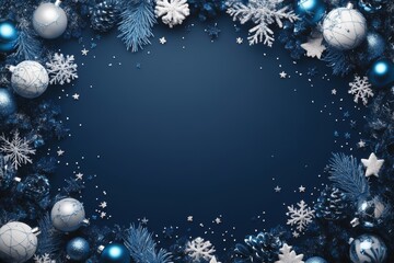 Elegant Christmas border, dark blue backdrop, baubles, snowflakes, and pine branches.  Possible use Holiday card, social media post