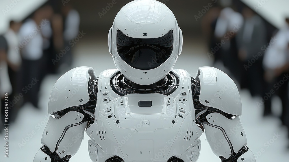 Poster futuristic white robot in a crowd, advancements in artificial intelligence and robotics
